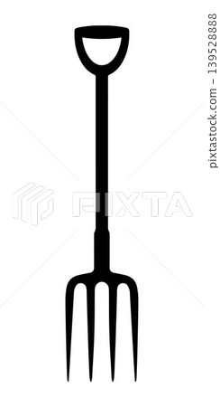 Black silhouette of a garden digging fork with a D grip handle, isolated on a white background. Ideal for gardening, farming, and landscaping themes. Vector illustration 139528888