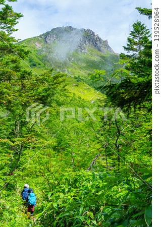 從雅克山登山道上可以看到北阿爾卑斯山的岩石山峰和籠罩在薄霧中的山景。 從雅克山登山道上可以看到北阿爾卑斯山的岩石山峰和籠罩在薄霧中的山景。 139528964