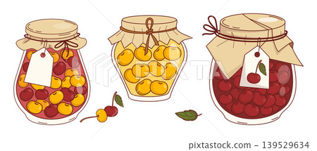 Jam Jars with Red Cherries and Yellow Sweet Cherries. Set of Mismatched Berry Preserves with Blank Tags. Eco-friendly Natural Summer Harvest. Isolated Delicious Homemade Food. Vector Illustration. 139529634