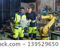 Black Male 20-30s and White Male 30-40s Engineers Reviewing Blueprints for Robotic Arm Automation 139529650