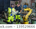 Black Male 20-30s and White Male 30-40s Engineers Reviewing Blueprints for Robotic Arm Automation 139529666