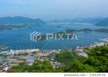 A spectacular view of Innoshima Island and the Seto Inland Sea from the summit of Shirataki Mountain, along the Shimanami Kaido, Hiroshima Prefecture. A spectacular view of Innoshima Island and the Seto Inland Sea from the summit of Shirataki Mountain, along the Shimanami Kaido, Hiroshima Prefecture. 139529739