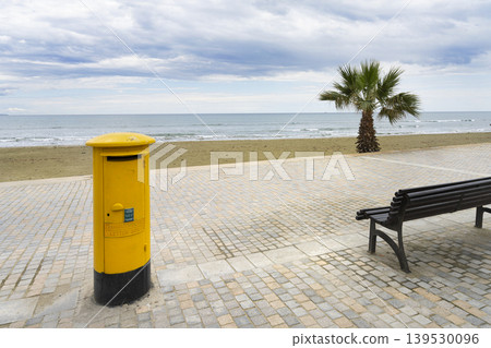 A post box of the Cyprus Post Office on the seafront of Finikoudes Beach in Larnaka, Cyprus 139530096