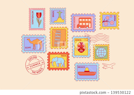 Summer travel postage stamps and stickers collection with world landmarks and cultural symbols Summer travel postage stamps and stickers collection with world landmarks and cultural symbols 139530122