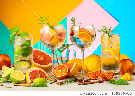 Refreshing summer cocktails with ingredients on a bright colorful background. Refreshing summer cocktails with ingredients on a bright colorful background. 139530700