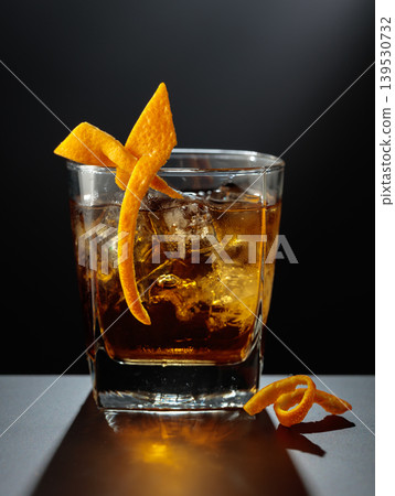 Old fashioned cocktail in a sweating glass on a black table. Old fashioned cocktail in a sweating glass on a black table. 139530732