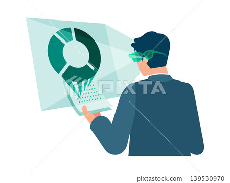 An illustration of a man analyzing and visualizing document data using AI glasses. Rapid decision-making and data utilization through graph display. An illustration of a man analyzing and visualizing document data using AI glasses. Rapid decision-making and data utilization through graph display. 139530970