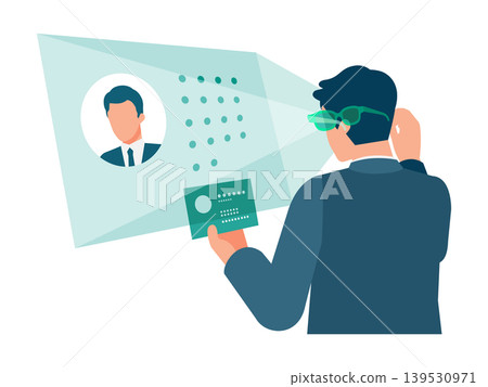 圖示：一名男子在交換名片時透過人工智慧眼鏡獲取客戶資訊；CRM整合和人員分析以支援銷售活動。 139530971