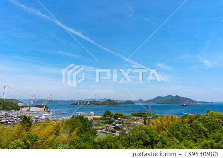 A spectacular view of the Kurushima Kaikyo Bridge and the Seto Inland Sea from the observation terrace of the Kurushima Kaikyo Service Area, Imabari City, Ehime Prefecture. A spectacular view of the Kurushima Kaikyo Bridge and the Seto Inland Sea from the observation terrace of the Kurushima Kaikyo Service Area, Imabari City, Ehime Prefecture. 139530980