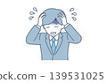 An illustration of a businessman with his head in his hands, troubled. 139531025