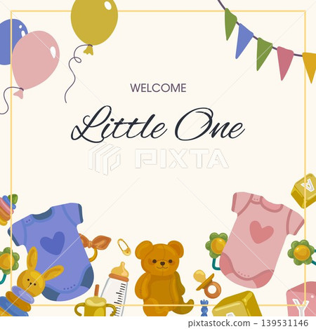 Cute baby shower invitation with balloons, teddy bear, pacifiers and baby clothes 139531146