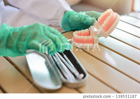 Close-up of dentist hands in green medical gloves holding an anatomical teeth model near a metal tray with dental instruments. Concept of oral hygiene, stomatology, orthodontics, and healthcare clinic 139531187