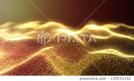 Golden glowing particle waves across a warm abstract landscape, futuristic digital energy background with sparkling dots and soft focus Golden glowing particle waves across a warm abstract landscape, futuristic digital energy background with sparkling dots and soft focus 139531332