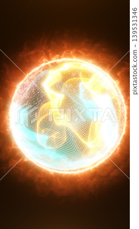 Abstract glowing energy sphere with fiery plasma halo, luminous particles, and swirling light patterns in a dark atmospheric background Abstract glowing energy sphere with fiery plasma halo, luminous particles, and swirling light patterns in a dark atmospheric background 139531346