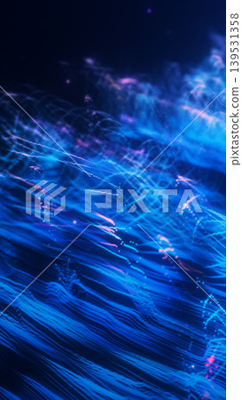 Futuristic blue particle wave mesh of glowing dots and lines, forming a digital landscape with depth, motion, and network data flow Futuristic blue particle wave mesh of glowing dots and lines, forming a digital landscape with depth, motion, and network data flow 139531358