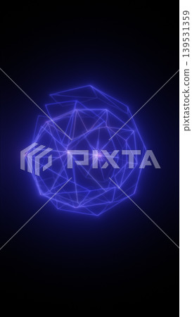 Abstract purple wireframe sphere with polygonal glowing lines, digital network geometry, and futuristic dark background. 139531359