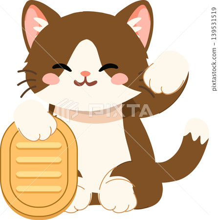 cute brown lucky cat waving and holding a gold coin cute brown lucky cat waving and holding a gold coin 139531519