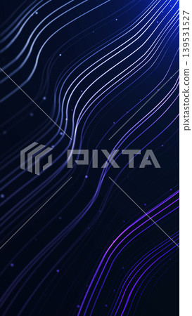 Vertical blue purple neon lines with glowing particles, abstract futuristic technology background with dark space and flowing light curves. 139531527