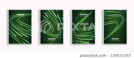 Set of green technology poster cover templates. Abstract dark background with futuristic glowing digital light lines and dynamic network waves. Eco-friendly sustainable energy concept design. 139531587