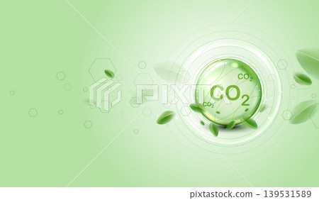 Abstract glowing green CO2 bubble with flying leaves geometric hexagons. Carbon dioxide reduction, net zero emissions, eco-friendly sustainable green technology and environmental concept background. Abstract glowing green CO2 bubble with flying leaves geometric hexagons. Carbon dioxide reduction, net zero emissions, eco-friendly sustainable green technology and environmental concept background. 139531589