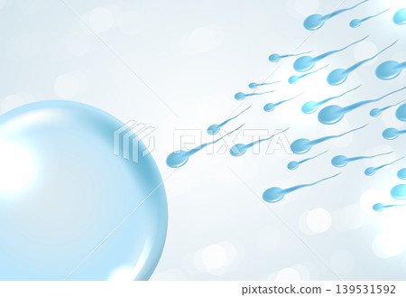 3D illustration of human sperm cells swimming towards female egg. Medical concept of human reproduction, artificial insemination, IVF, fertilization and pregnancy on abstract blue bokeh background. 139531592