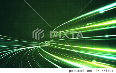 Abstract futuristic green light trails on dark hexagon grid background. High speed digital data flow, fiber optic network connection, cyberspace energy stream and modern technology concept design. Abstract futuristic green light trails on dark hexagon grid background. High speed digital data flow, fiber optic network connection, cyberspace energy stream and modern technology concept design. 139531594