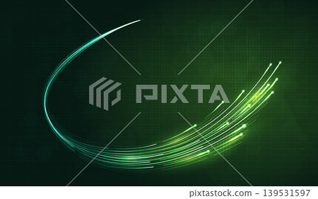Abstract futuristic green light trails on dark hexagon grid background. High speed digital data flow, fiber optic network connection, cyberspace energy stream and modern technology concept design. Abstract futuristic green light trails on dark hexagon grid background. High speed digital data flow, fiber optic network connection, cyberspace energy stream and modern technology concept design. 139531597
