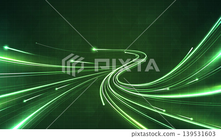 Abstract futuristic green light trails on dark hexagon grid background. High speed digital data flow, fiber optic network connection, cyberspace energy stream and modern technology concept design. Abstract futuristic green light trails on dark hexagon grid background. High speed digital data flow, fiber optic network connection, cyberspace energy stream and modern technology concept design. 139531603