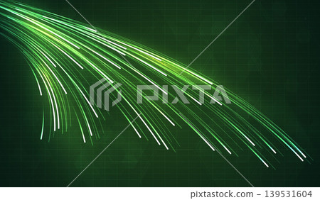 Abstract futuristic green light trails on dark hexagon grid background. High speed digital data flow, fiber optic network connection, cyberspace energy stream and modern technology concept design. Abstract futuristic green light trails on dark hexagon grid background. High speed digital data flow, fiber optic network connection, cyberspace energy stream and modern technology concept design. 139531604