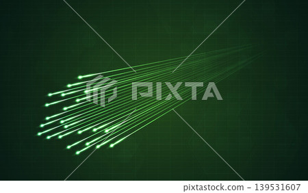 Abstract futuristic green light trails on dark hexagon grid background. High speed digital data flow, fiber optic network connection, cyberspace energy stream and modern technology concept design. Abstract futuristic green light trails on dark hexagon grid background. High speed digital data flow, fiber optic network connection, cyberspace energy stream and modern technology concept design. 139531607