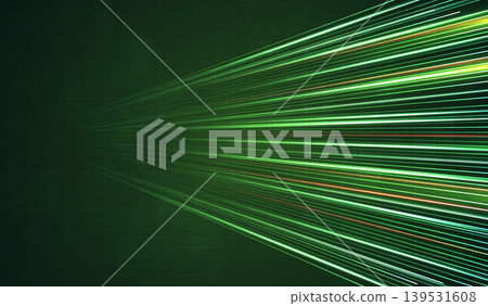Abstract futuristic green light trails on dark hexagon grid background. High speed digital data flow, fiber optic network connection, cyberspace energy stream and modern technology concept design. Abstract futuristic green light trails on dark hexagon grid background. High speed digital data flow, fiber optic network connection, cyberspace energy stream and modern technology concept design. 139531608