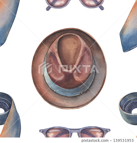 Retro men hat, tie, sunglasses, seamless gentlemen pattern. Hand-painted watercolor illustration isolated on white for fashion branding, poster, printing on packaging, clothing, decor, hipster design Retro men hat, tie, sunglasses, seamless gentlemen pattern. Hand-painted watercolor illustration isolated on white for fashion branding, poster, printing on packaging, clothing, decor, hipster design 139531953
