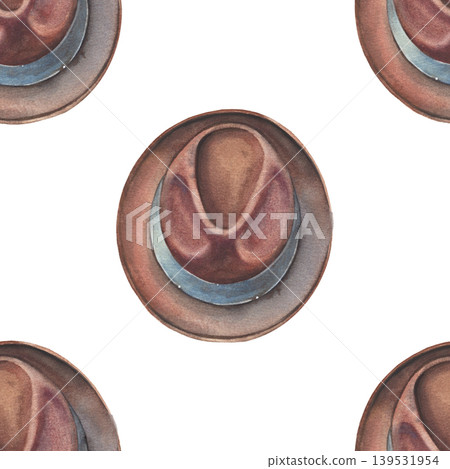 Retro men hat seamless pattern. Hand-painted watercolor illustration isolated on white. Stylish template for fashion branding, poster, printing on packaging, clothing, decor, hipster, gentlemen design 139531954