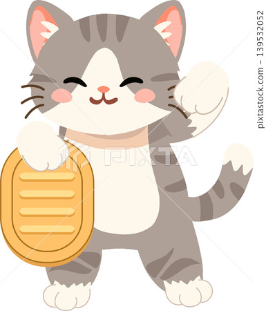Adorable cartoon fortune cat mascot maneki neko standing with gold coin Adorable cartoon fortune cat mascot maneki neko standing with gold coin 139532052