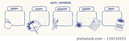 Weekly school planner template with hand drawn stationery doodles Weekly school planner template with hand drawn stationery doodles 139532055