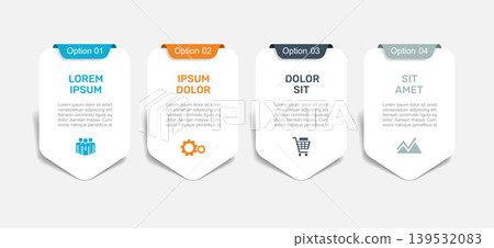 Modern business infographic template with four vertical options, ribbons, icons and placeholder text. Vector illustration. Modern business infographic template with four vertical options, ribbons, icons and placeholder text. Vector illustration. 139532083