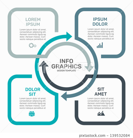 Modern four-step infographic design template with circular arrows, icons, text for business process visual. Vector illustration. Modern four-step infographic design template with circular arrows, icons, text for business process visual. Vector illustration. 139532084