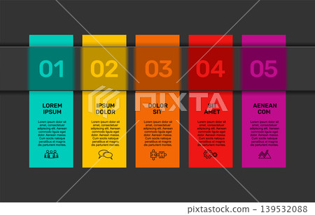 Modern business infographic template with five colorful vertical banners, icons on a dark background. Vector illustration. Modern business infographic template with five colorful vertical banners, icons on a dark background. Vector illustration. 139532088