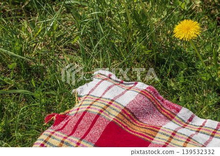 The red, white, and yellow patterned picnic blanket laid on green grass with a dandelion flowers around 139532332