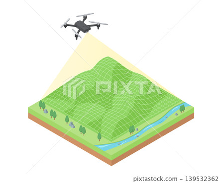 An illustration of digital mapping that analyzes terrain using drone photography and scanning. 139532362
