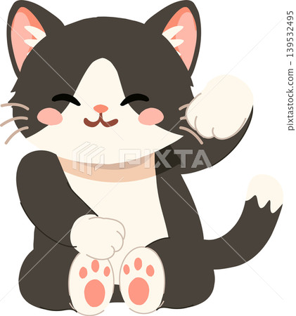 cute tuxedo cat kitten waving paw. sitting happily with raised paw cute tuxedo cat kitten waving paw. sitting happily with raised paw 139532495
