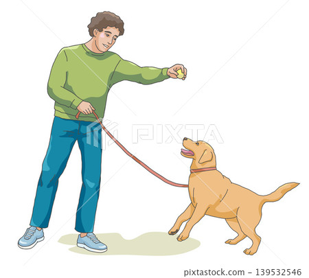 Man teaching Labrador dog to fetch tennis ball during outdoor training Man teaching Labrador dog to fetch tennis ball during outdoor training 139532546