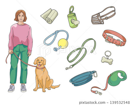 Dog walking accessories set with owner, Labrador, leash, collar and muzzle Dog walking accessories set with owner, Labrador, leash, collar and muzzle 139532548