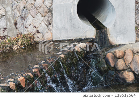 Concrete drainpipe that flows into a small waterway 139532564