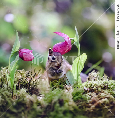 Chipmunk feeding on forest floor among lady's slipper orchids Chipmunk feeding on forest floor among lady's slipper orchids 139532950