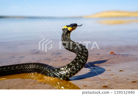 Grass snake emerging from water on sandy shore 139532990