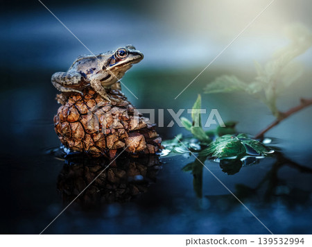Frog resting on pinecone floating in water Frog resting on pinecone floating in water 139532994