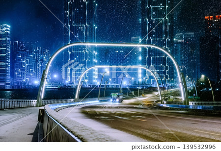 Futuristic city bridge with digital light streaks Futuristic city bridge with digital light streaks 139532996