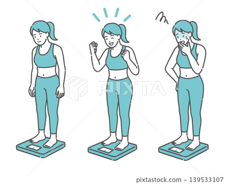 A set of illustrations of an adult woman having her weight measured (standard build, 3 facial expressions). A set of illustrations of an adult woman having her weight measured (standard build, 3 facial expressions). 139533107
