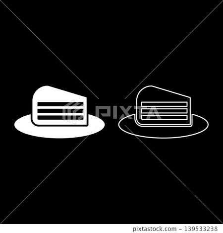 Piece of cake slice on dish set icon white color vector illustration image solid fill outline contour line thin flat style Piece of cake slice on dish set icon white color vector illustration image solid fill outline contour line thin flat style 139533238